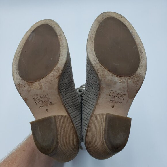 Eileen Fisher Slew Leather Lace Up Boots 6 Womens Booties Block Heels Taupe - Picture 5 of 8